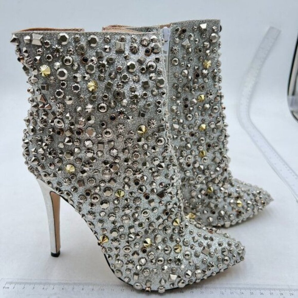 Silver High Heel Ankle Boot with Rivets Pointed Toe Stilettos Zipper Unique Shoe